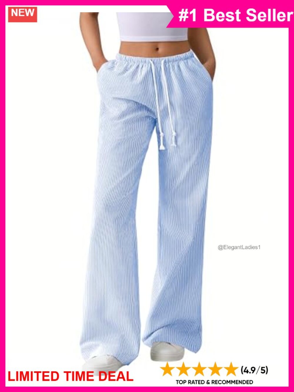 Striped Wide Leg Palazzo Pants Elastic High Waist Drawstring Loose Fit